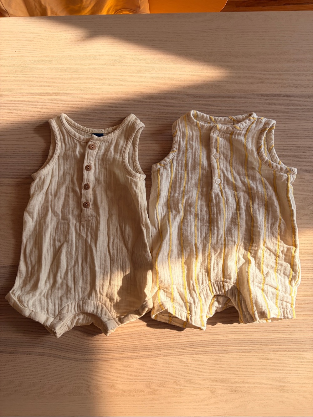 Old Navy Beige and White & Yellow Striped Cotton Baby Rompers (2)